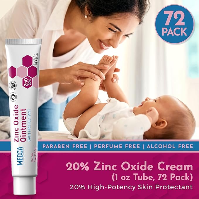 High-Potency 20% Zinc Oxide Ointment - (Pack of 72) Baby Diaper Rash Cream and Gentle Skin Protectant Barrier for Chafed Skin, Wetness Daily & Overnight Protection Soothing, Hypoallergenic, 1oz Tubes