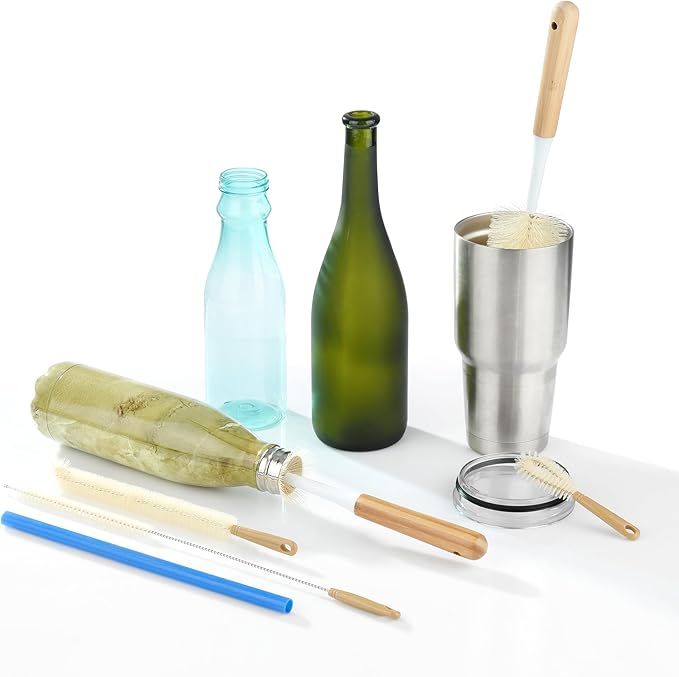 ALINK 5-Pack Bottle Brush Cleaner - Extra Long Bamboo Handle Water Bottle Straw Cleaning Brush for Washing Narrow Neck Beer Wine Decanter, Sports Bottle, Thermos, Flask, Jug