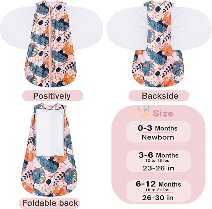 BSTOPPT Newborn Sleep Sack Baby Swaddle,3-Way Adjustable Wearable Blanket,100% Rayon Cotton Swaddling Sleeping Bag，TOG 0.5 (Gerbera & Tulips, 0-3 Months)