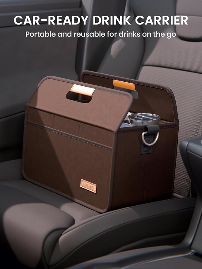 Fluxynara 6-Cup Reusable Felt Drink Carrier with Handle and Adjustable Shoulder Strap, Drink Holder for Car, Multi-Cup Drink Carrier Bag for Delivery, Travel, Picnics (Coffee Brown)