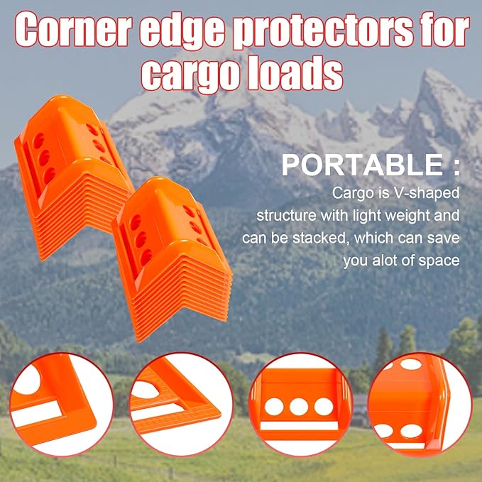 24-Pack 4" Flatbed Edge Protectors, Corner Protectors – Heavy-Duty Plastic Corner Guards for Flatbed Trailer Loads, Compatible with 4-Inch Ratchet & Winch Straps – Tie-Down Safety Accessories (ORANGE)