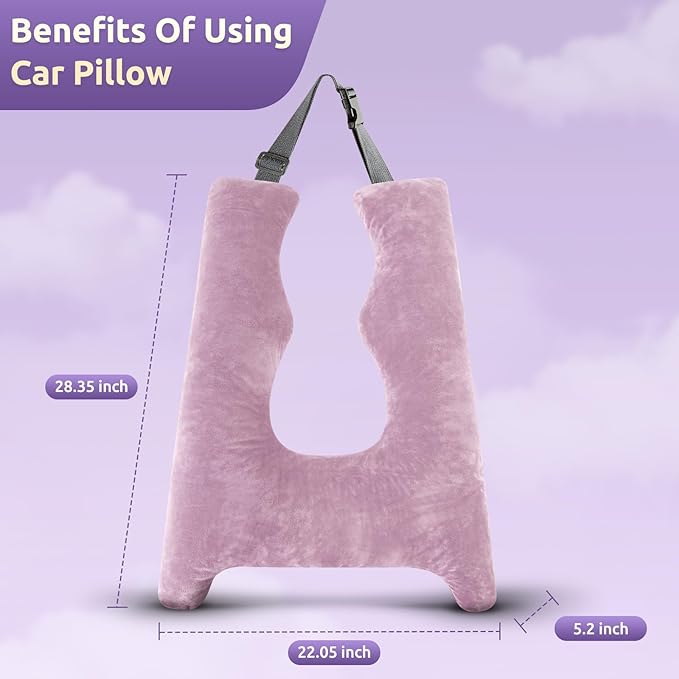 Car Pillow for Kids, Travel Pillow with Adjustable Strap, Kids Floor Pillows Cushions for Adults and Children to Support Head and Body Road Trip Essentials (Purple)