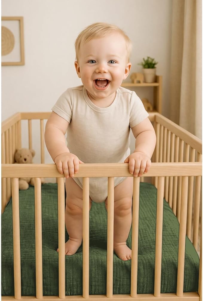 PET REJOIR 2 Pack Olive Green Muslin Crib Sheets for Boys & Girl- Neutral Breathable Cotton Crib Mattress Sheets Fitted for Standard 28"x 52"- Nursery Décor No Slip Crib Bed Sheets