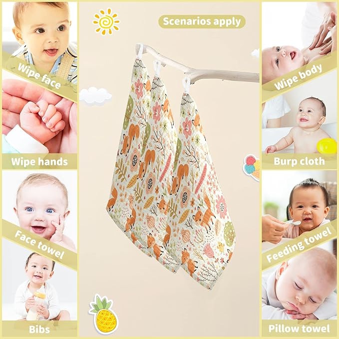 vvfelixl Baby Washcloths Cotton Foxes and Flowers Flesh Colored Baby Muslin Washcloths Soft Baby Face Towel for Newborn Infants Baby Wipes, 11.8 X 11.8 Inch, 3 Pack