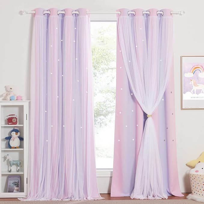 NICETOWN Nursery Room Darkening Rainbow Curtains for Bedroom Hollow-Out Star Window Drapes Curtain 84 inches Length for Living Room (Pink Purple, W52 X L84, 1 Pair)