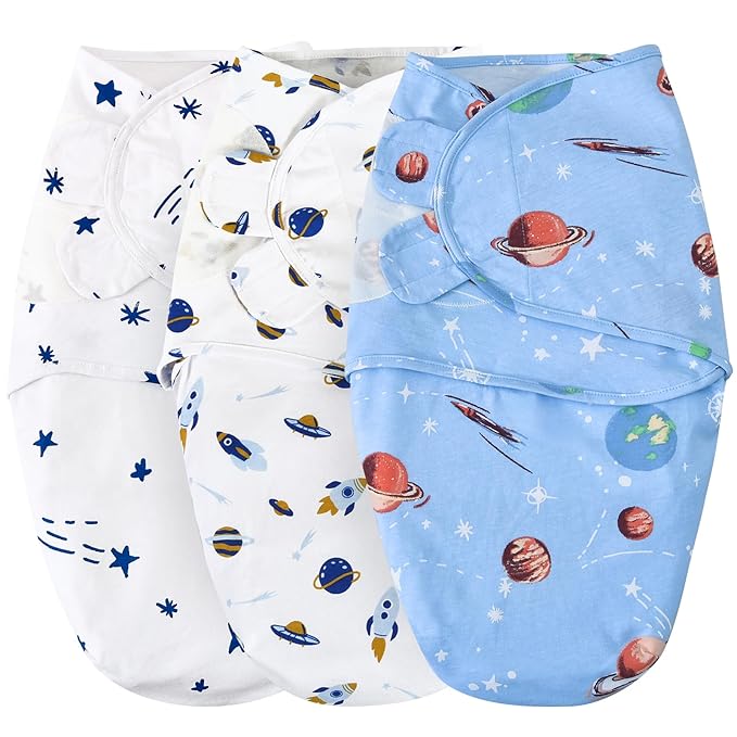 david's kids 100% Cotton 3 Pack Baby Swaddle Wrap for 0-3 Months, Soft Breathable Swaddle Blanket for Newborn Infant, Adjustable Baby Wrap Sleep Sacks for Boys Girls, Newborn Essentials, Space