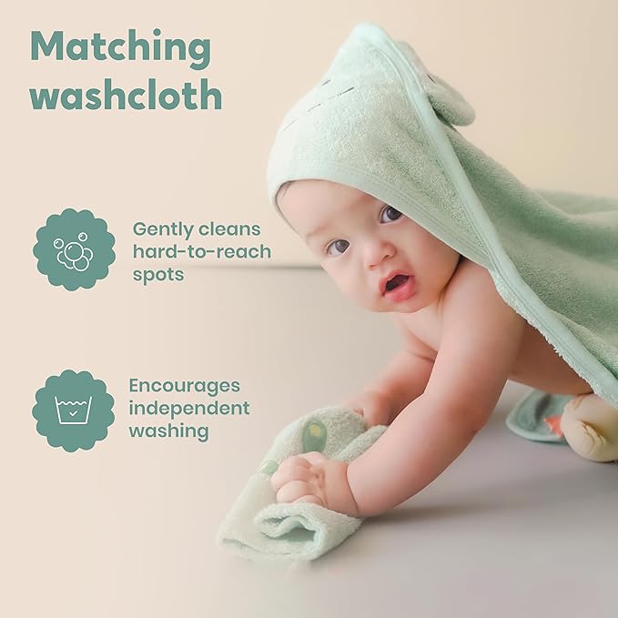 CuddleBug Premium Hooded Baby Bath Towel & Washcloth Set (Frog) - 100% Cotton Terrycloth Hooded Baby Towels for Newborn & Toddler, Super-Soft & Absorbent, Newborn Essentials (30" x 30") - Sage Green