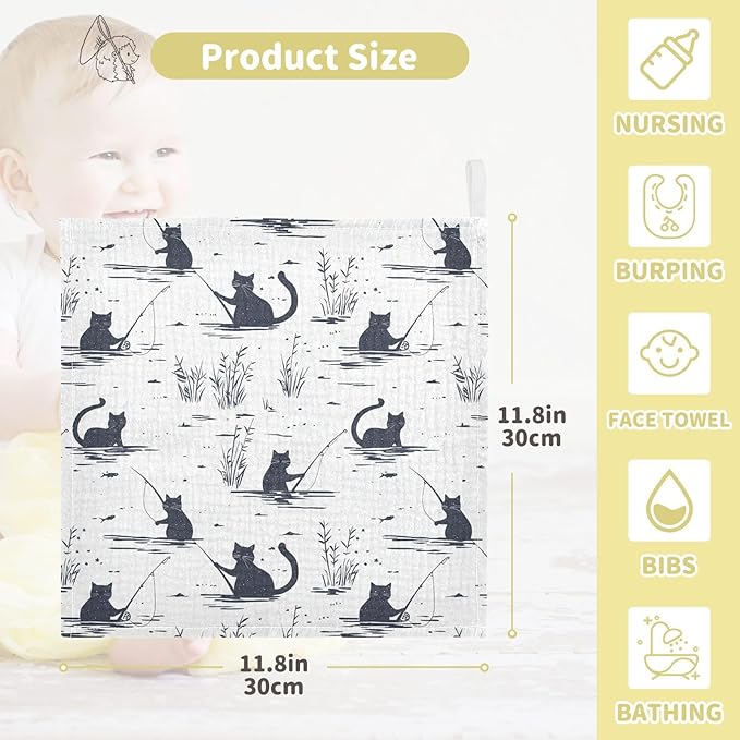 vvfelixl Cat Fishing Baby Burp Cloths Baby Muslin Washcloths for Boys Girls Cotton Babys Face Towel for Newborn Infants Soft and Absorbent 11.8 X 11.8 in, 5 Pack