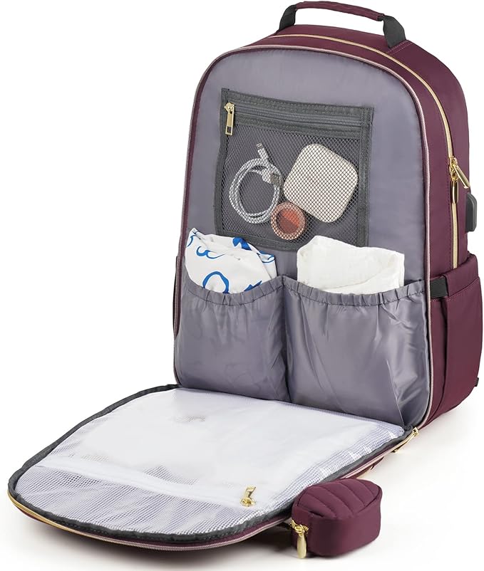 MOMUVO Diaper Bag Backpack, Quilted Baby Bag with Changing Pad & Stroller Straps & Pacifier Case, Large Travel Diaper Bags for Mom Dad