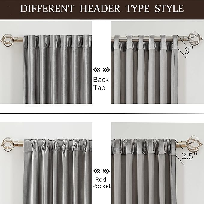 100% Full Blackout Silver Grey Velvet Curtains 102 inch Long for Living Room,Set of 2 Panels Liner Rod Pocket Back Tab Thermal Window Curtains Room Darkening Heavy Decorative Drapes for Bedroom