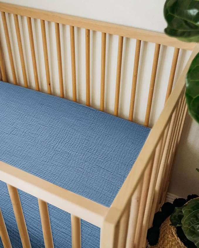 Crib Sheets for Boys Girl, Fitted Baby Toddler Bed Sheets 28" x 52", Neutral Muslin Cotton Crib Mattress Bedding Soft and Breathable Comfort (Blue)