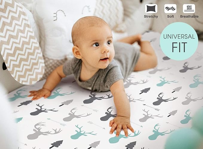 GRSSDER Stretchy Ultra Soft Jersey Knit Fitted Crib Sheets Set 2 Pack, Cozy Crib Sheet Fits All Standard Crib Mattress Pads, Grey Bear for Girls and Boys