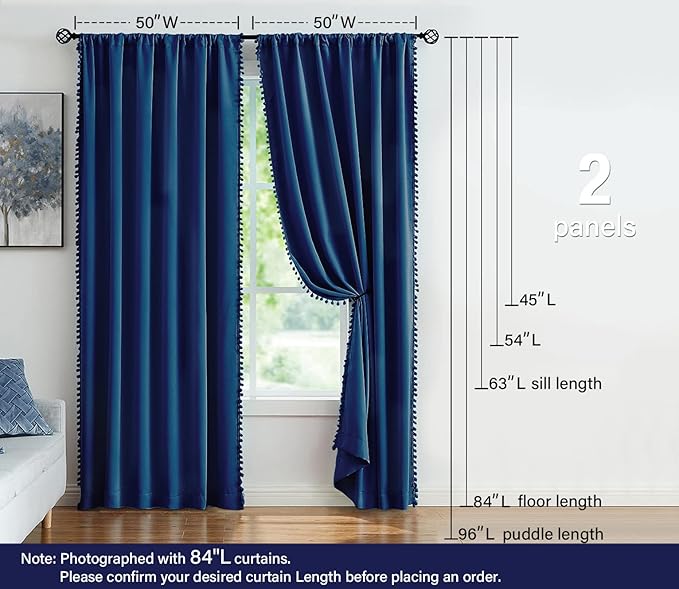 Pom Pom Curtains 84" Navy Royal Blue Blackout Curtains Bedroom Windows Drapes Triple Weave Thermal Insulated Curtain Panels for Men Boys Nursery Room Studio Hotel 52"w x2 Panels Rod Pocket