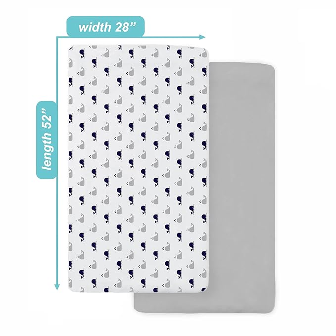 American Baby Company 2 Pack 100% Natural Cotton Fitted Crib Sheets 52" x 28" - Soft, Breathable, Hypoallergenic & Gentle Toddler Bed Sheets, Navy Whale and Gray, Neutral for Boys & Girls