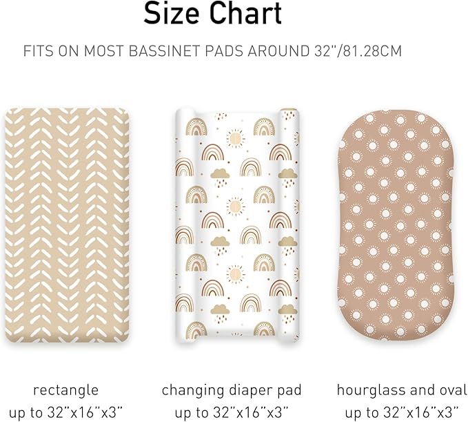 3 Pack Stretchy Bassinet Sheets for Baby Girl Boy, Soft Breathable Baby Bassinet Mattress Sheets Fit for Hourglass Oval Cradle, Moses Basket Rectangle Mattress (Brown Rainbow)