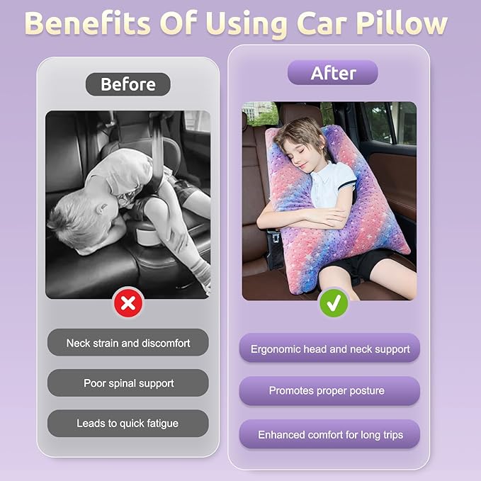 Car Pillow for Kids, Travel Pillow with Adjustable Strap, Kids Floor Pillows Cushions for Adults and Children to Support Head and Body Road Trip Essentials (Multicolor)