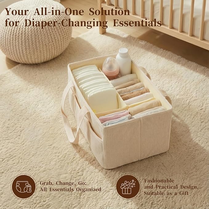 Baby Diaper Caddy Organizer with Portable Changing Mat-Portable Baby Organizers and Storage, Gift for Baby Shower, Corduroy Baby Essentials Organizer with Removable Dividers (Corduroy)
