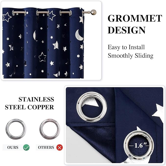 WUBODTI Navy Blue Star Curtains Blackout Kids Room Curtain 2 Panel Sets 63 Inch Length, Silver Star and Moon Patterned Short Curtains Grommets Thermal Insulated Space Drapes for Boys Bedroom