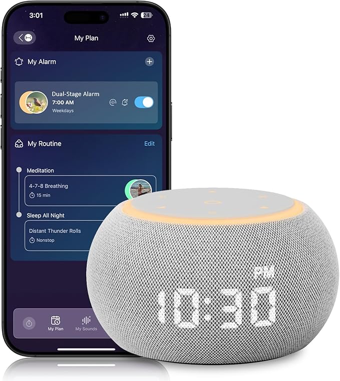 Sound Machine for Adults White Noise Machine for Sleep with Night Light, 507 Non Looping Soothing Sounds, Dual-Stage Alarm&Snooze, Smart App Control Custom Buttons, Dimmable Clock Timer for Baby Kids