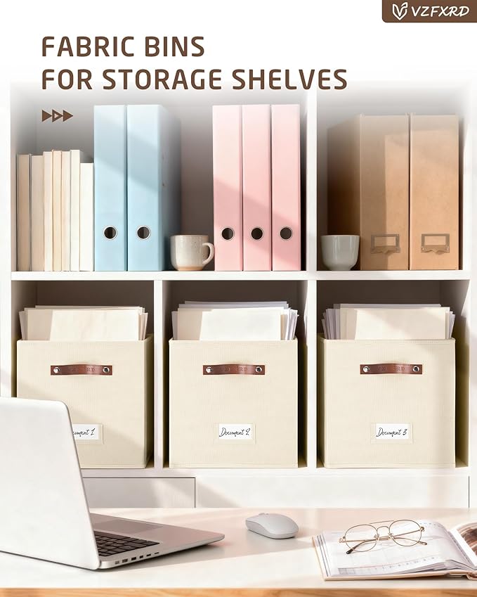 13 Inch Cube Storage Bin 6 Pack Collapsible Fabric Basket with Handles and Labels, Cube Storage Organizer for Closet, Bedroom, Living Room, Beige