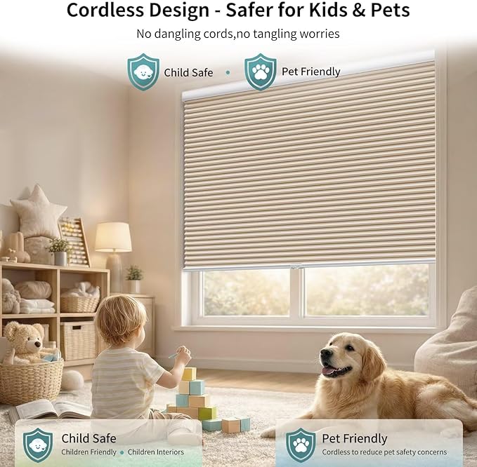 MYshade Cordless Blackout Cellular Shades for Windows, Honeycomb Window Shades with Thermal Insulation, Child & Pet Safe Room Darkening Shade, Easy Install,27.5" W x 72" H, Beige