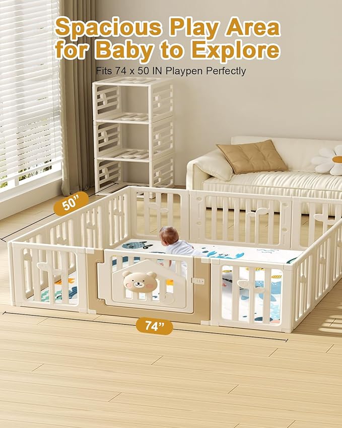 Premium Foam Baby Play Mat 74x50 – Removable & Machine Washable Cover, Extra Thick Padding Playpen Mat, Non-Slip Crawling Mat, Easy to Clean for Infants, Toddlers & Babies