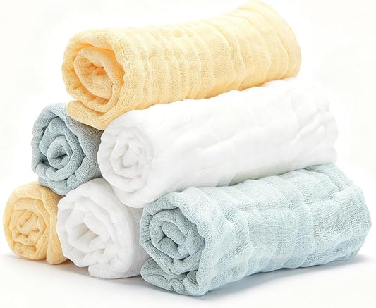Bear Rocket Organic Muslin Baby Washcloths 6 Pack Baby Bath Face Towel 12x12 Inch Extra Absorbent and Soft Burp Cloth and Wash Cloths for Newborn-Infants On Sensitive Skin (White Green Yellow)