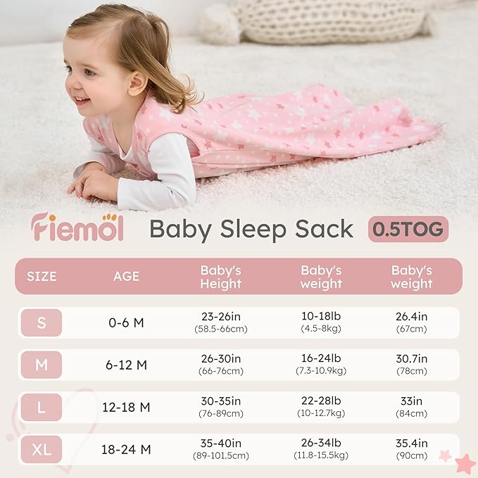 FIEMOL Baby Sleep Sack 0-6 Months, 100% Cotton Sleeping Sack for Newborn and Infant, 3 Pack Baby Wearable Blanket for Boy and Girl, 0.5 Tog Lightweight Double Zipper Sleep Bag Pink Heart