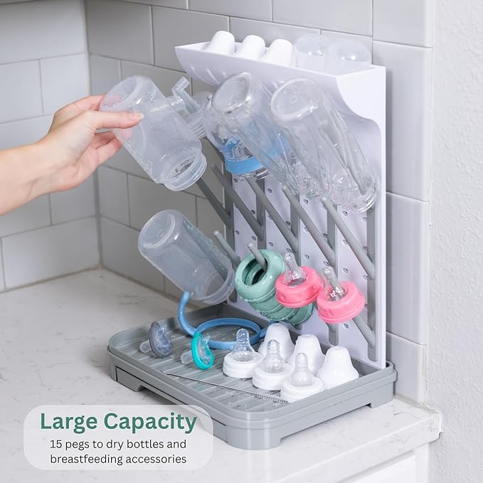 Velakade Baby Bottle Drying Rack – Large Vertical Bottle Dryer for 15 Bottles, Space-Saving Countertop Rack for Baby Bottles & Accessories, Compact Holder for Newborn Essentials