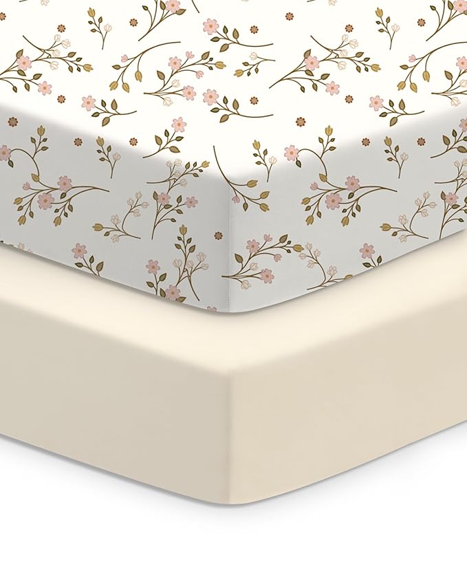 Baby Crib Sheets Boy Girl for Standard Crib Mattress - Pink Vintage Floral&Beige, Soft Jersey Knit, Breathable and Cozy, Fits 28''x52''x9'' Deep Pocket