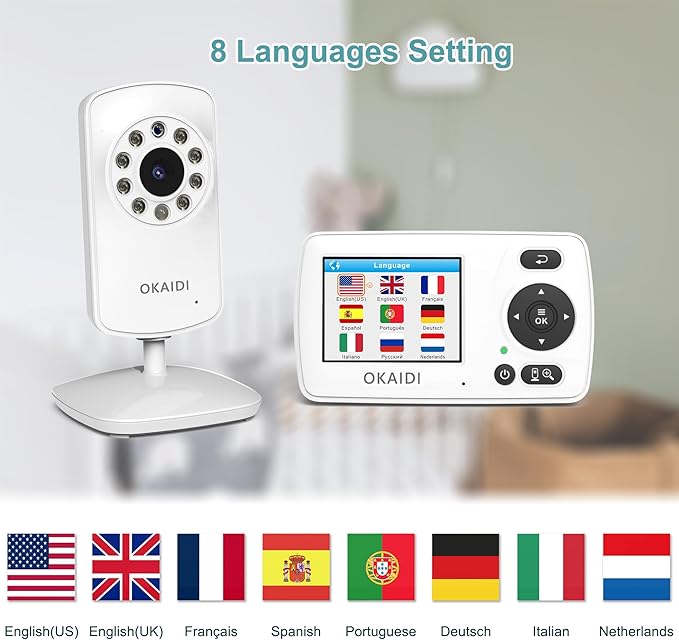 OKAIDI Video Baby Monitor with 2 Cameras, 2.4'' Portable Travel Screen, 1000ft Long Range Transmission, Baby Monitor No WiFi, Infrared Night Vision, VOX Mode