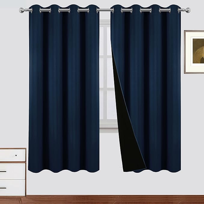 LEMOMO 100% Blackout Curtains 52 x 72 Inch Navy Blue Curtains 2 Panels Darkening Thermal Insulated Bedroom Curtains