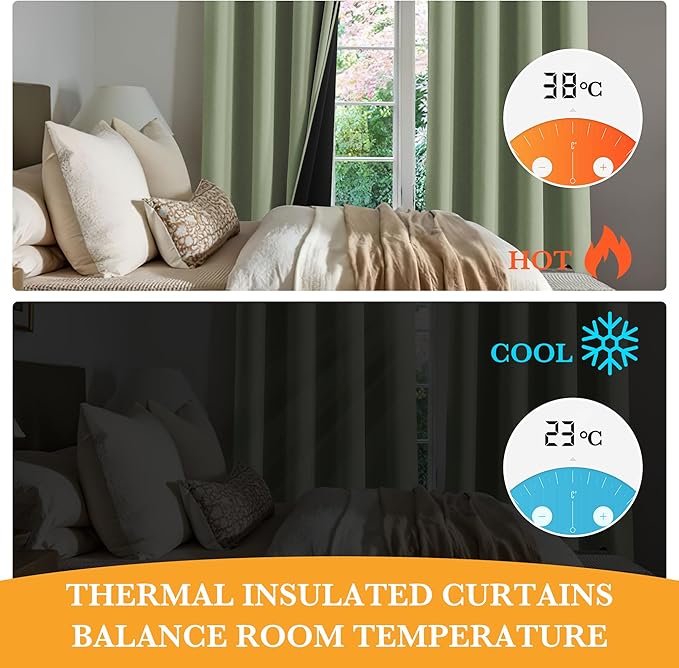 RYB HOME Green Blackout Curtains 63 inches Length, 100% Blackout Thermal Insulated Window Curtains for Bedroom Living Room, 52 inches Wide by 63 inches Long, Light Green, 2 Panels