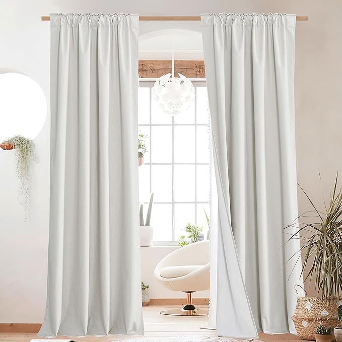 NICETOWN 100% Blackout Linen Curtains for Living Room with Thermal Insulated White Liner, Ivory, 52" Wide, 2 Panels, 84" Long Drapes, Back Tab Retro Linen Curtains Vertical Drapes Privacy for Bedroom