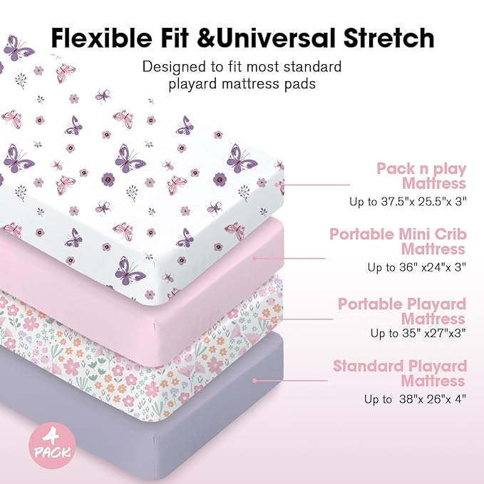 Little Grape Land Mini Crib Sheets 4 Pack, Pack n Play Sheets Fitted 38 x 26 for Boys and Girls, Pack and Play Sheets Compatible with Graco Pack n Play Playard, Sea Breeze