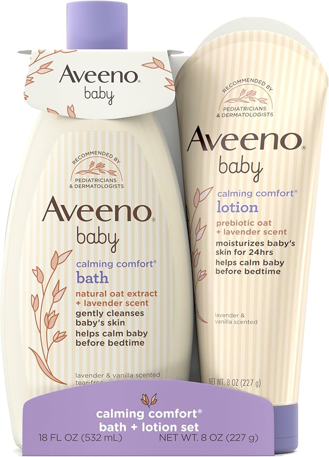 Aveeno Baby Calming Comfort Bath & Body Lotion Set, Nighttime Baby Skin Care Products with Nourishing Oatmeal Plus Relaxing Lavender & Vanilla Scents, Paraben- & Phthalate -Free, 2 Items | Calming Comfort, Nighttime, Natural Oat, Lavender, Vanilla Scen...