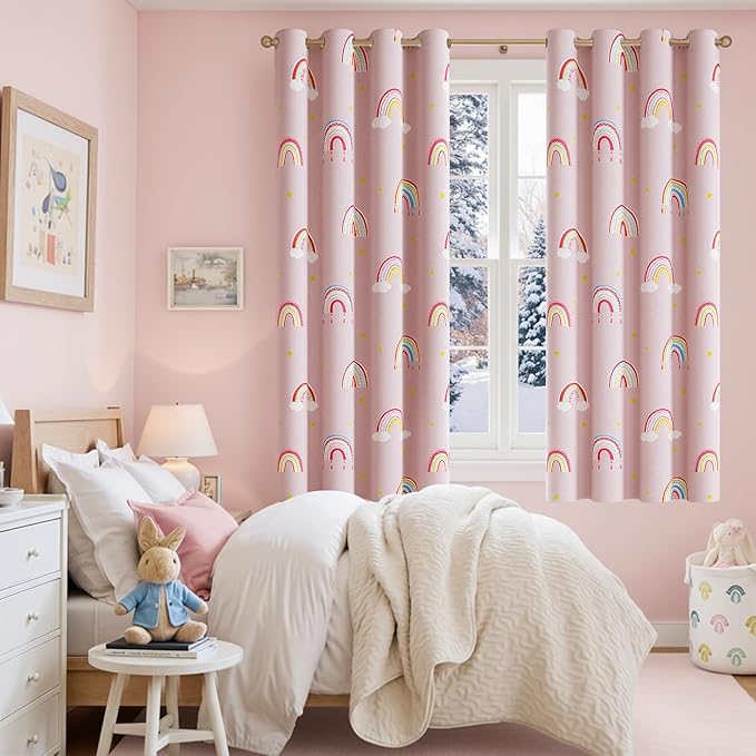 jinchan Nursery Blackout Curtains for Kids Room Rainbow Pink Curtains Cute Girls Bedroom Dorm Playroom Window Treatment Grommet Thermal Insulated Room Darkening 2 Panels 63 Inch Length