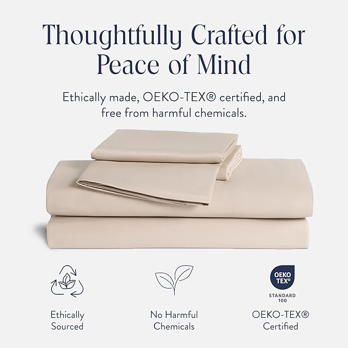 Brooklinen Luxury Sateen 4 Piece Sheet Set - 100% Cotton Bed Sheets, Soft & Durable King Size Sheet Set in Pebble, Oeko-TEX Certified Bedding Set, 1 Fitted Sheet, 1 Flat Sheet, 2 Pillowcases
