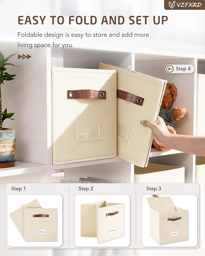 13 Inch Cube Storage Bin 6 Pack Collapsible Fabric Basket with Handles and Labels, Cube Storage Organizer for Closet, Bedroom, Living Room, Beige