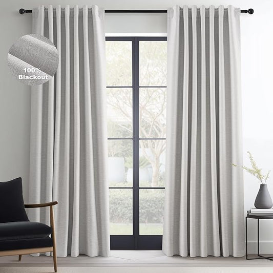 Topfinel Grey Beige Linen Blackout Curtains 84 Inch Long for Bedroom Living Room, Greige Gray Pinch Pleat Back Tab Gothic Moody Viral Drapes Mordern Boho Curtains for Window Dining Room 7 FT