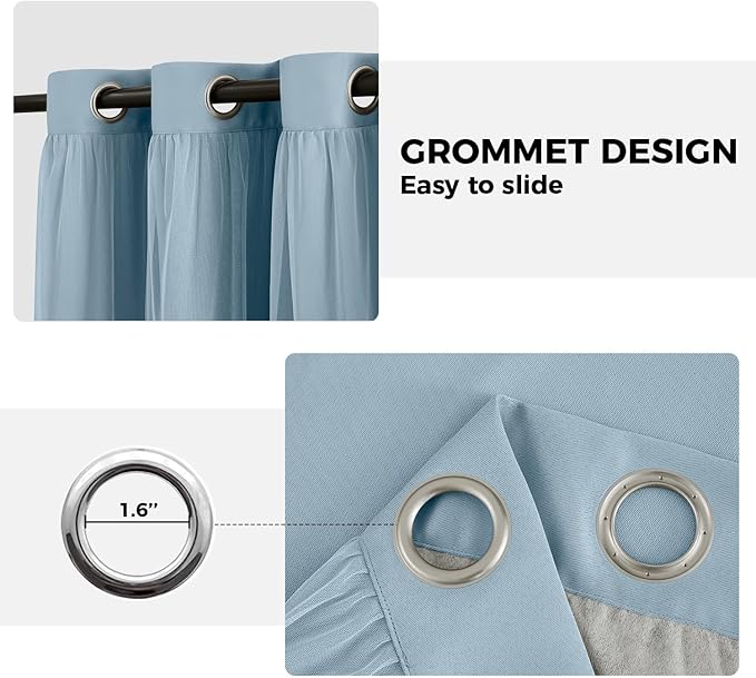 100% Blackout Curtains for Bedroom, Double Layer Blue Curtains, Black Out Curtain 108 inch Long with Sheer Overlay for Living Room, Room Darkening Window Drapes with Grommet, 52" W x 108" L