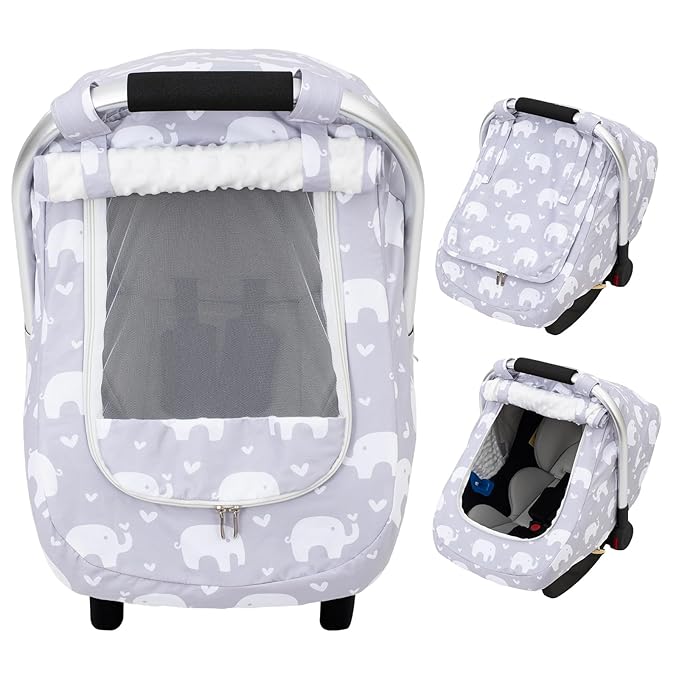Baby Car Seat Cover, Mink Dot Infant Car Seat Cover for Girls Boys, Universal Carseat Cover with Mesh Peep Window & Sun Shade, Breathable Baby Carrier Canopy Cover for Spring Autumn