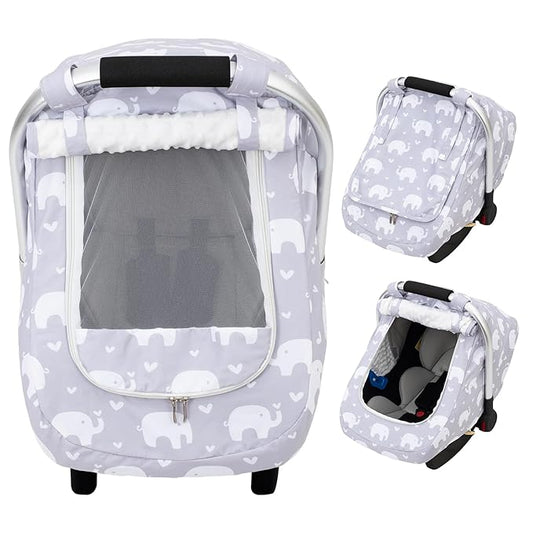 Baby Car Seat Cover, Mink Dot Infant Car Seat Cover for Girls Boys, Universal Carseat Cover with Mesh Peep Window & Sun Shade, Breathable Baby Carrier Canopy Cover for Spring Autumn