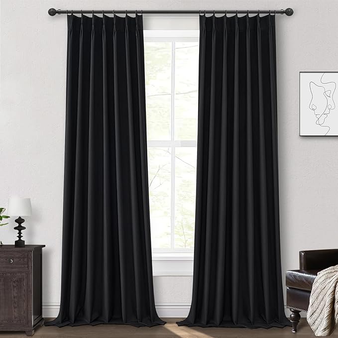 Unique Pinch Pleated Black Blackout Curtains 86 Inches Long for Living Room, Textured Linen Room Divider Window Curtain with Hooks Back Tab 2 Panels Set Thermal Thick Drapes 40" W x 86" L Length