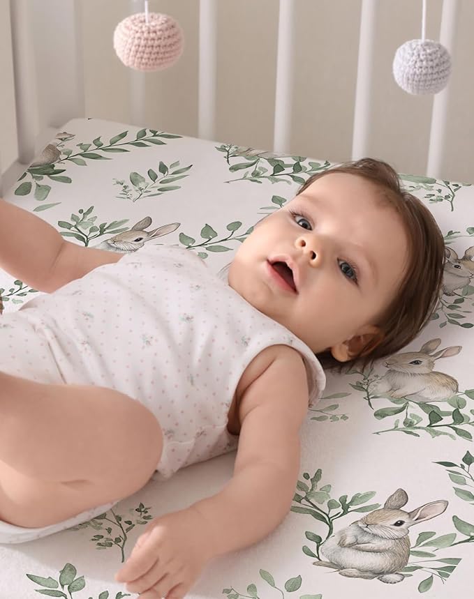 Crib Sheets for Boys and Girls, 2 Pack Fitted Baby Sheets for Standard Toddler Mattress 28" x 52", Soft Breathable Jersey Knit Baby Bedding (Bunny Meadow)