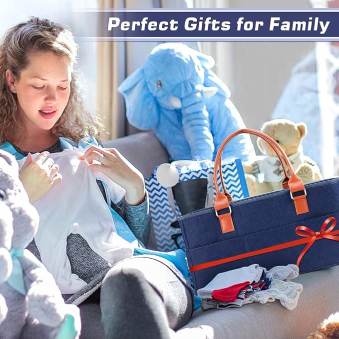 Marhynchus Large Portable Nappy Storage Basket with Detachable Divider, Felt Fabric Baby Diaper Caddy, Navy, for Nursery and Travel