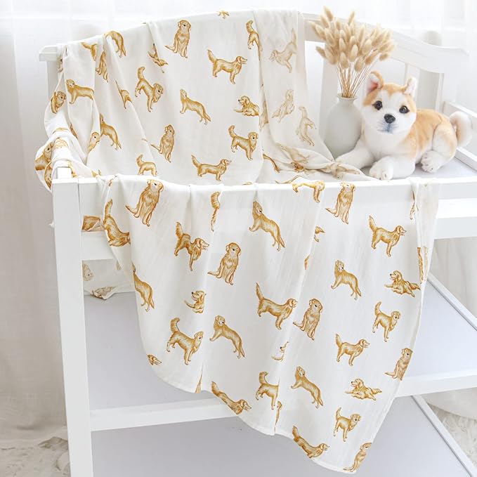 LifeTree Muslin Swaddle Blankets, 70% Viscose from Bamboo and 30% Cotton Baby Swaddle Blankets Unisex Swaddling Blanket for Newborn, Soft Large 47" x 47", Golden Retriever Baby Blanket