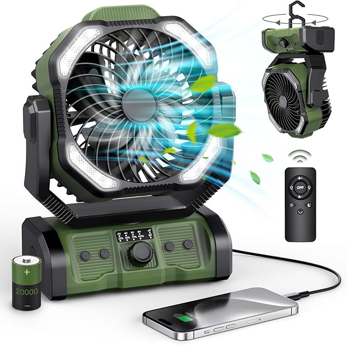 Portable Camping Fan Rechargeable - 20000mAh Cordless Battery Powered Tent Fans with LED Lantern, Remote Auto Oscillating USB C Table Operated Ventilador for Travel Outdoor Beach