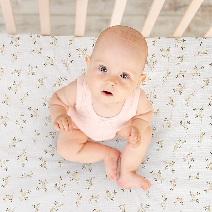 Ultra Soft Muslin Crib Sheets for Baby, Premium Breathable Organic Cotton Crib Fitted Sheet for 52’’x28’’Standard Crib and Toddler Mattress.2 Pack Flower Pattern