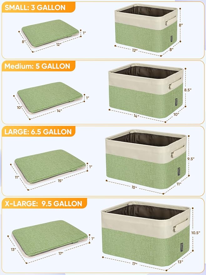 BALEINE 3 Pack Fabric Storage Bins for Shelves, Linen Storage Baskets for Organizing, Decorative Closet Bins for Clothes, Home (Green, 15''x11''x9.5'')